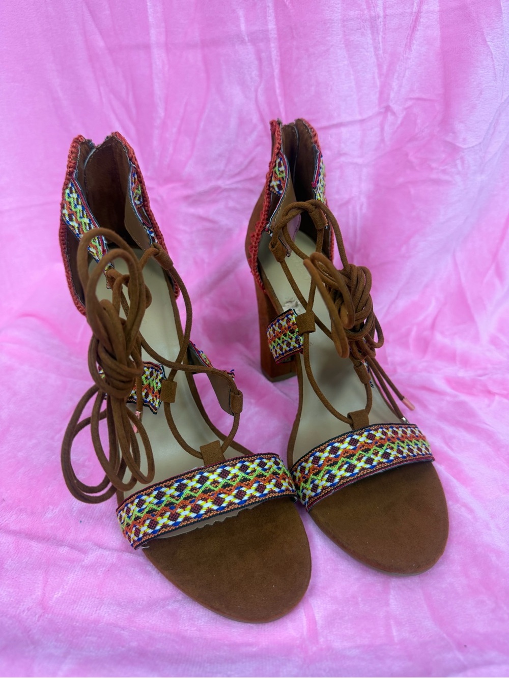 BAMBOO Brown Suede Lace-Up Sandals with Multicolor Embroidered Straps